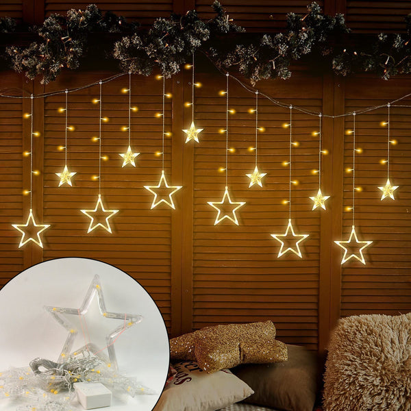 12 Stars LED Curtain String Lights with 8 Flashing Modes for Home Decoration, Diwali & Wedding LED Christmas Light Indoor and Outdoor Light ,Festival Decoration  (Warm White / With Box)